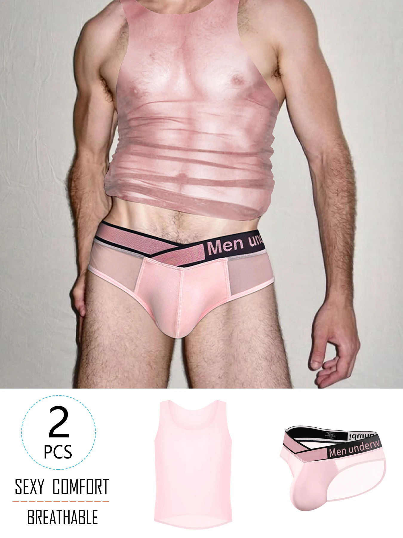 

2pcs Set Men Undershirts+Briefs Set Sexy Transparent Musle Tank Tops and Underwear Man Sheer Fitness T-Shirt Clubwear Set