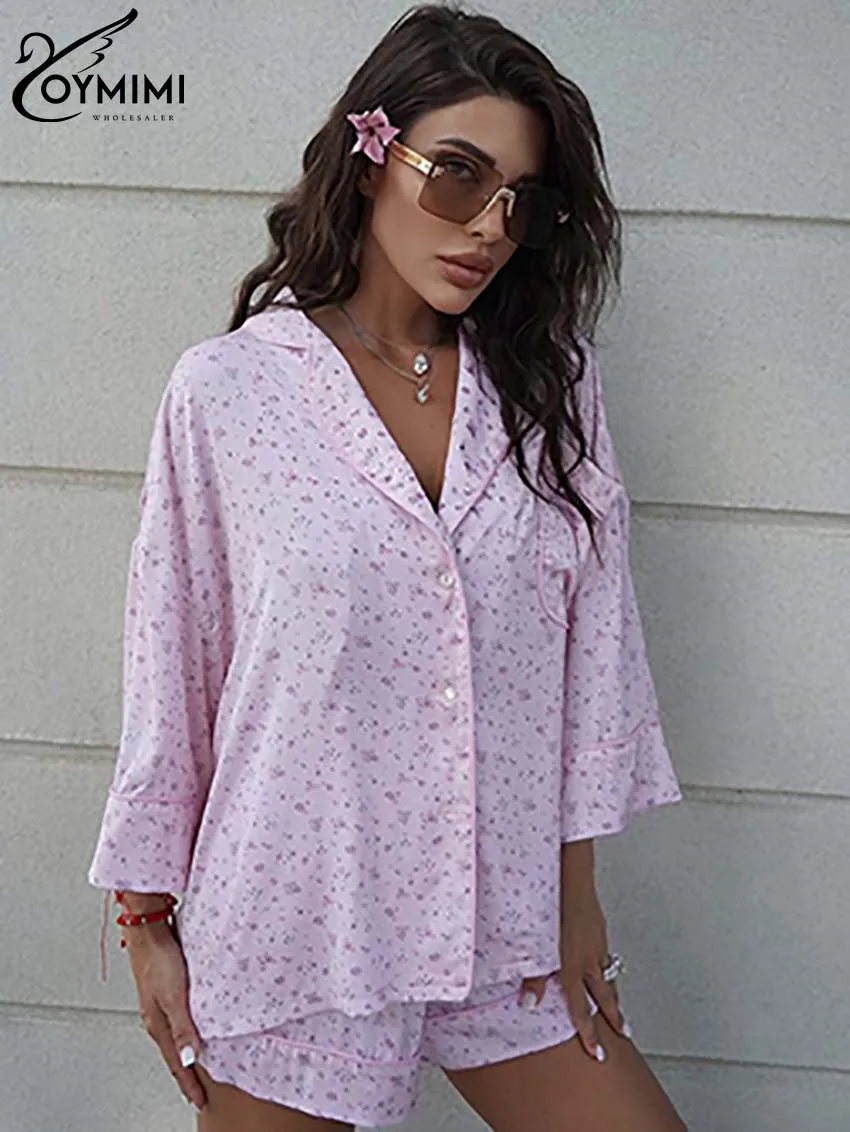 Oymimi Fashion Pink Print Women 2 Piece Set Outfit Casual Satin Wrist Sleeve Button Shirts And High Waist Pockets Shorts Sets