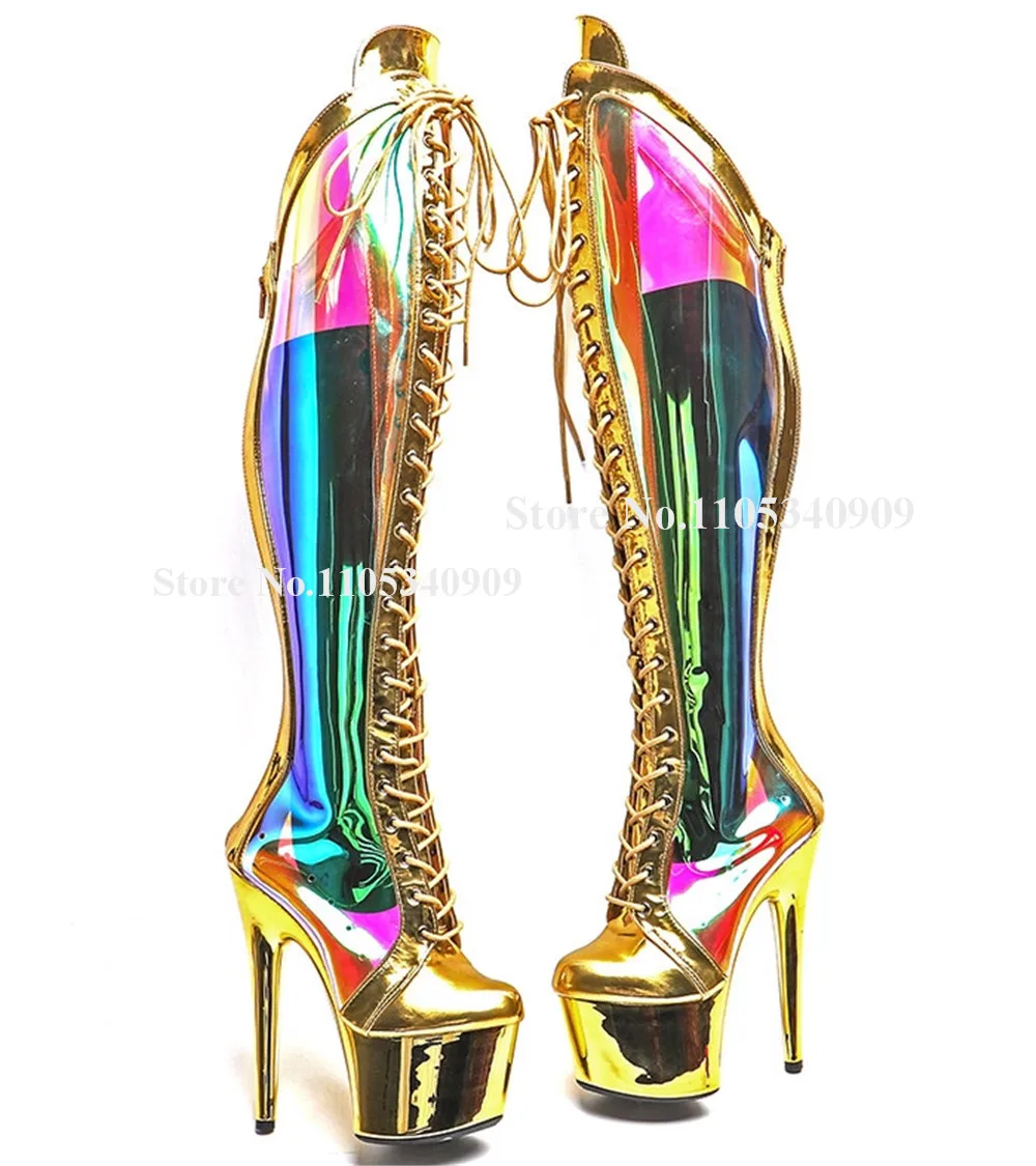 Bondarenko Gold Patent Leather Patchwork PVC Thin Heel Knee High Boots Round Toe Lace-up High Platform High Heel Dance Shoes