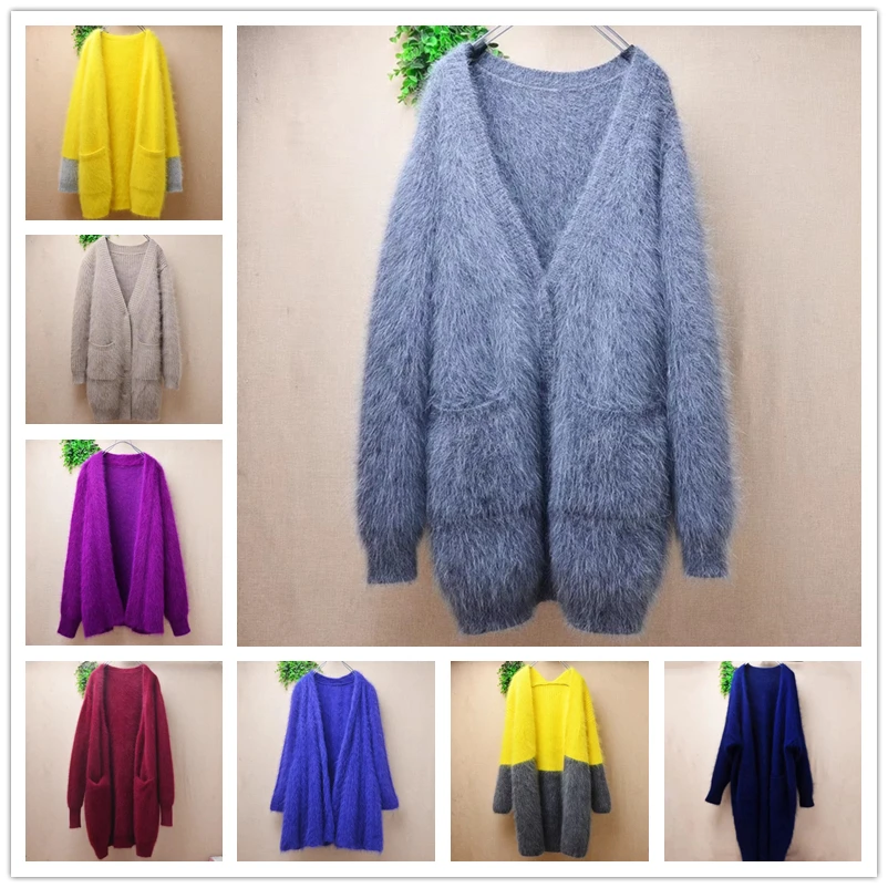 

Heavy Thick Female Women Fall Winter Clothing Hairy Mink Cashmere Knitted V-Neck Long Sleeves Loose Cardigan Sweater Jacket Pull