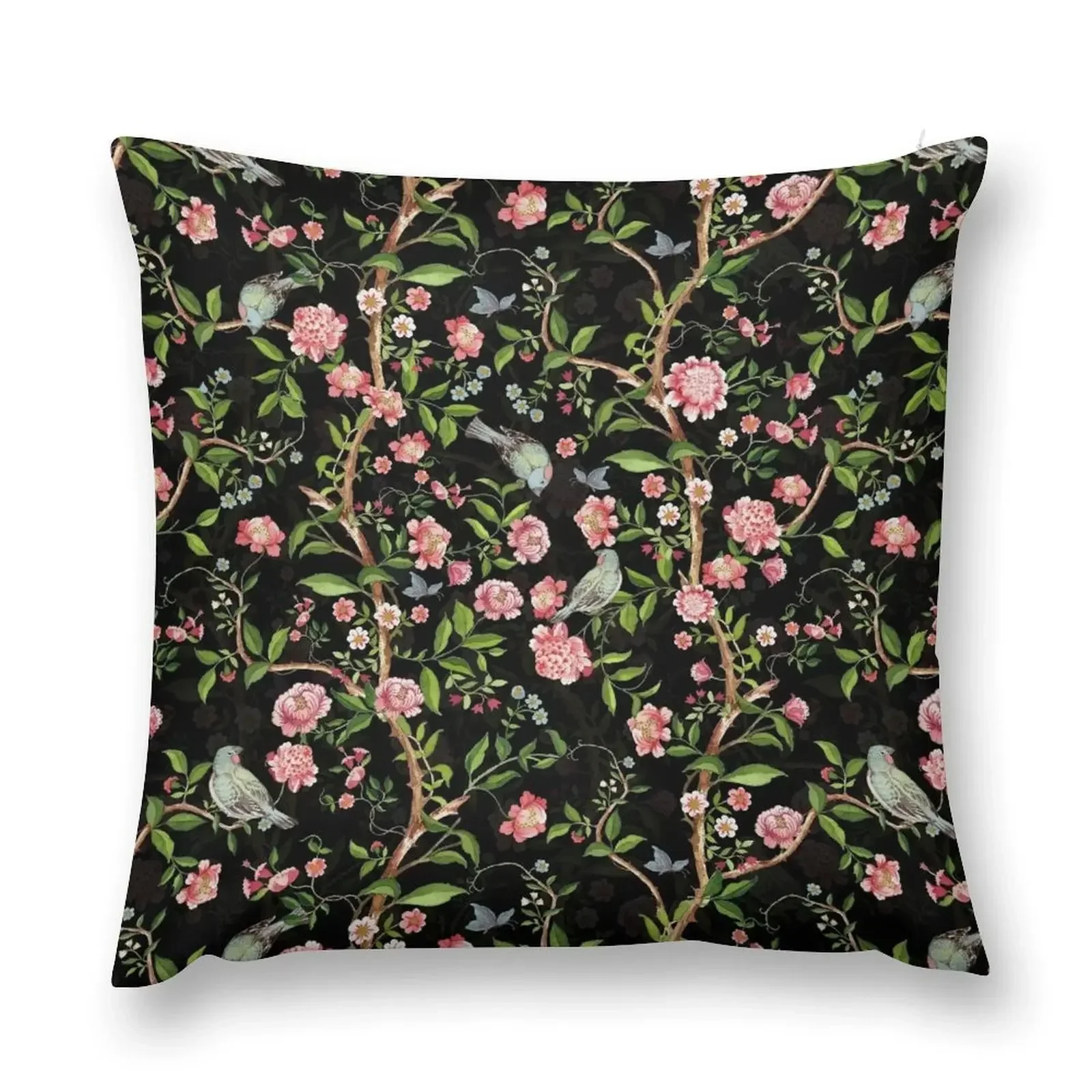 

Dark chinoiserie with Birds and rose flowers Botanical Night Garden Throw Pillow Decorative pillowcase pillow