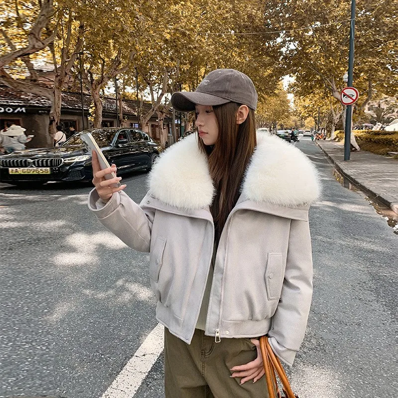 Faux Fur Collar Jacket for Women Short Winter Puffer Coat with Oversized Fluffy Lapel Thick Warm Padded Outerwear Loose Fit