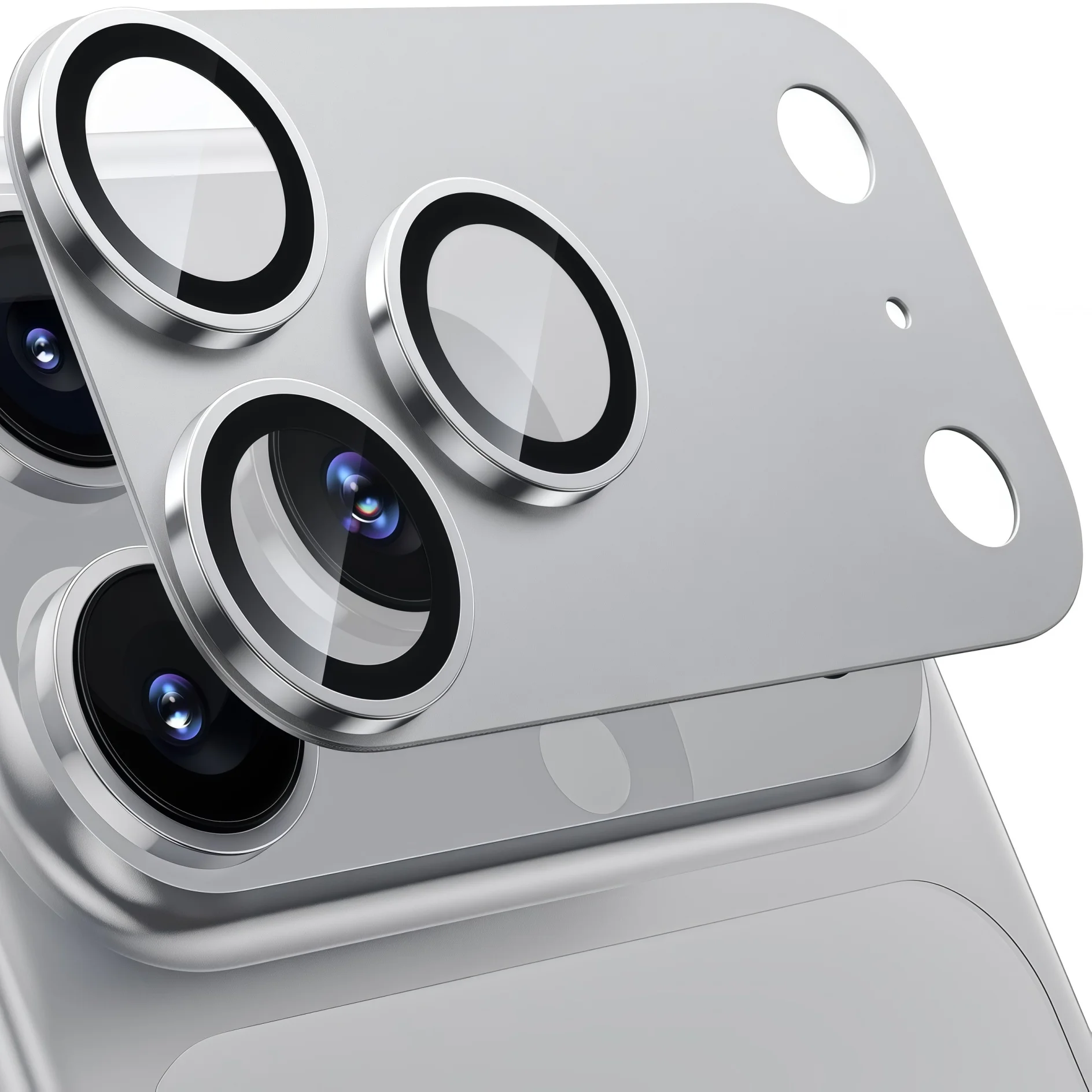 For iPhone17 Pro Max Mobile Phone Camera Lens Protector - [Strong Adhesion] Metal Aluminum Alloy Tempered Glass, Silver Titanium
