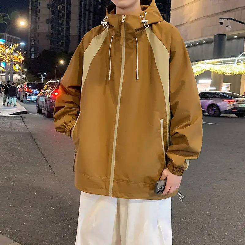 

Осень-зима, большие размеры, мужская куртка с капюшоном, новая модная молодежная брендовая верхняя одежда, цветная ветровка, повседневная ветровка на молнии