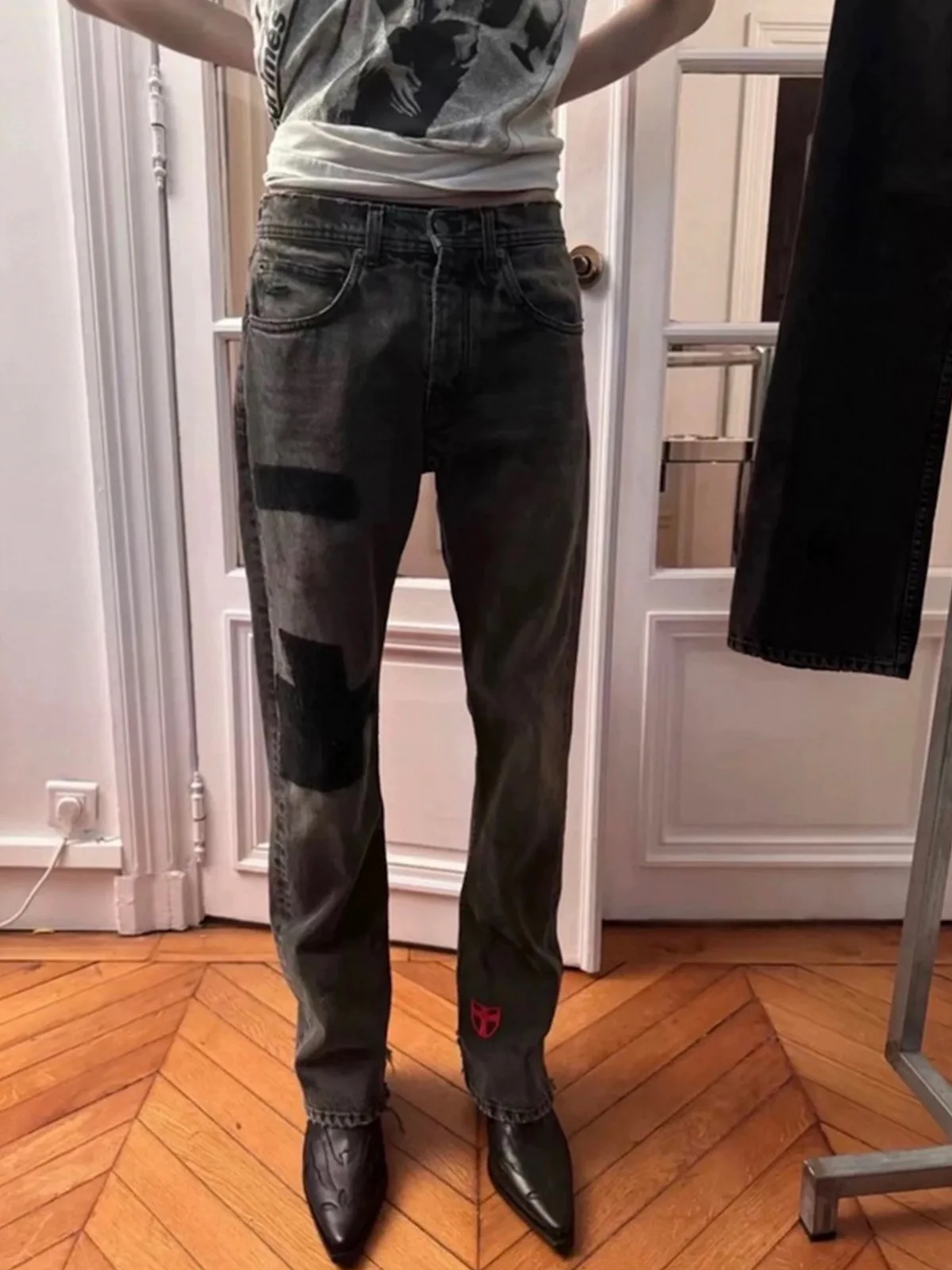 MIJKO กางเกงยีนส์ผู้ชาย Streetwear ทําลาย Patchwork Vintage กางเกงขากว้าง ZJ088