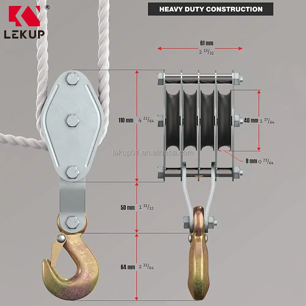 Heavy Duty Rope Hoist Pulley System 4000LB Breaking Strength Block And Tackle Pulley System Lifting Compound Pulley System
