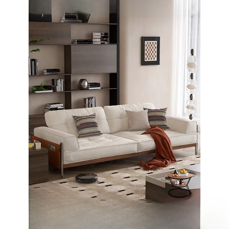 

Retro style solid wood sofa living room simple straight row fabric dismantling and washing small apartment medieval