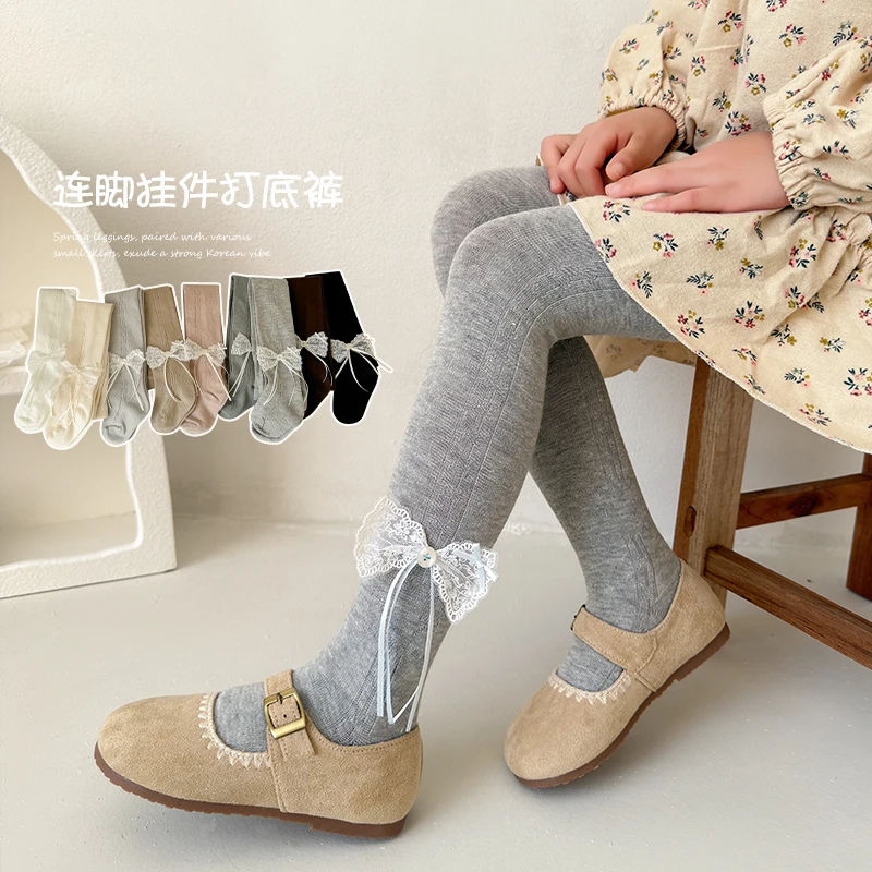 Cute Girls Solid Color Breathable Tights With Long Streamer Ribbon Lace Bow Decor Soft Elastic Pantyhose For Daily Wear Outfits view 3