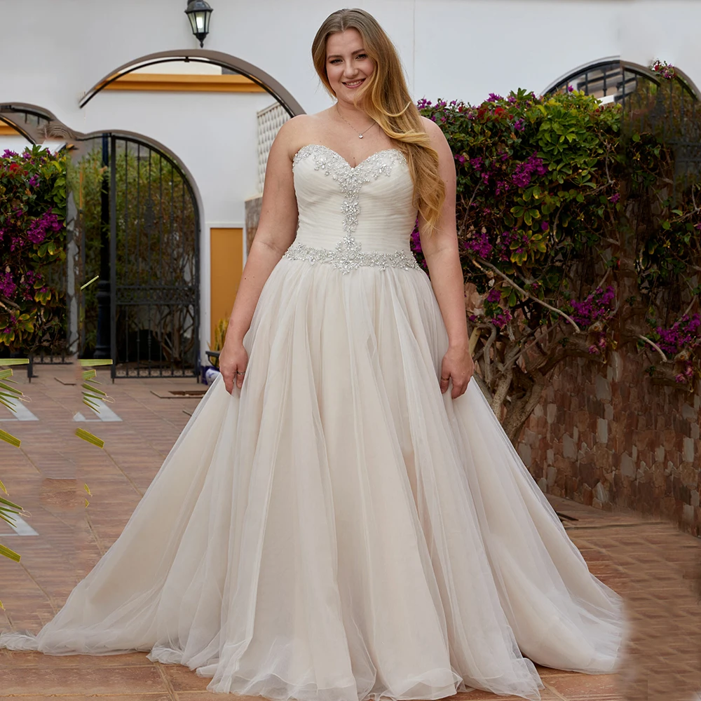 

Sweetheart Neck Wedding Dresses For Women Plus Size Tulle Sweep Train Sleeveless Bride Gown A-Line Vestido de Novia Customized