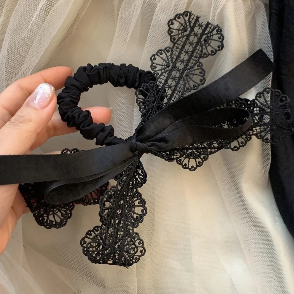 

Ribbon Bow Hair Scrunchies Elastic Hair Bands Women Girls Black Lace Hair Ties Rubber Bands Ponytail Hair Accessories Elegant