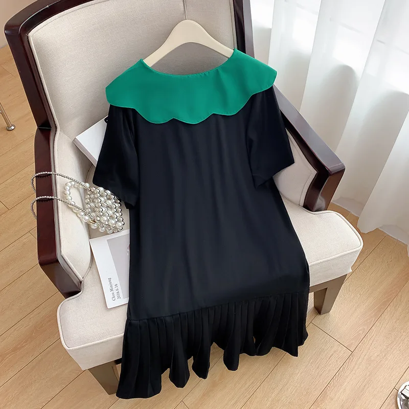 160Kg Plus Size Women\'s Bust 160 Summer Loose Contrasting Ruffle Collar Dress Black 6XL 7XL 8XL 9XL 10XL XX2505