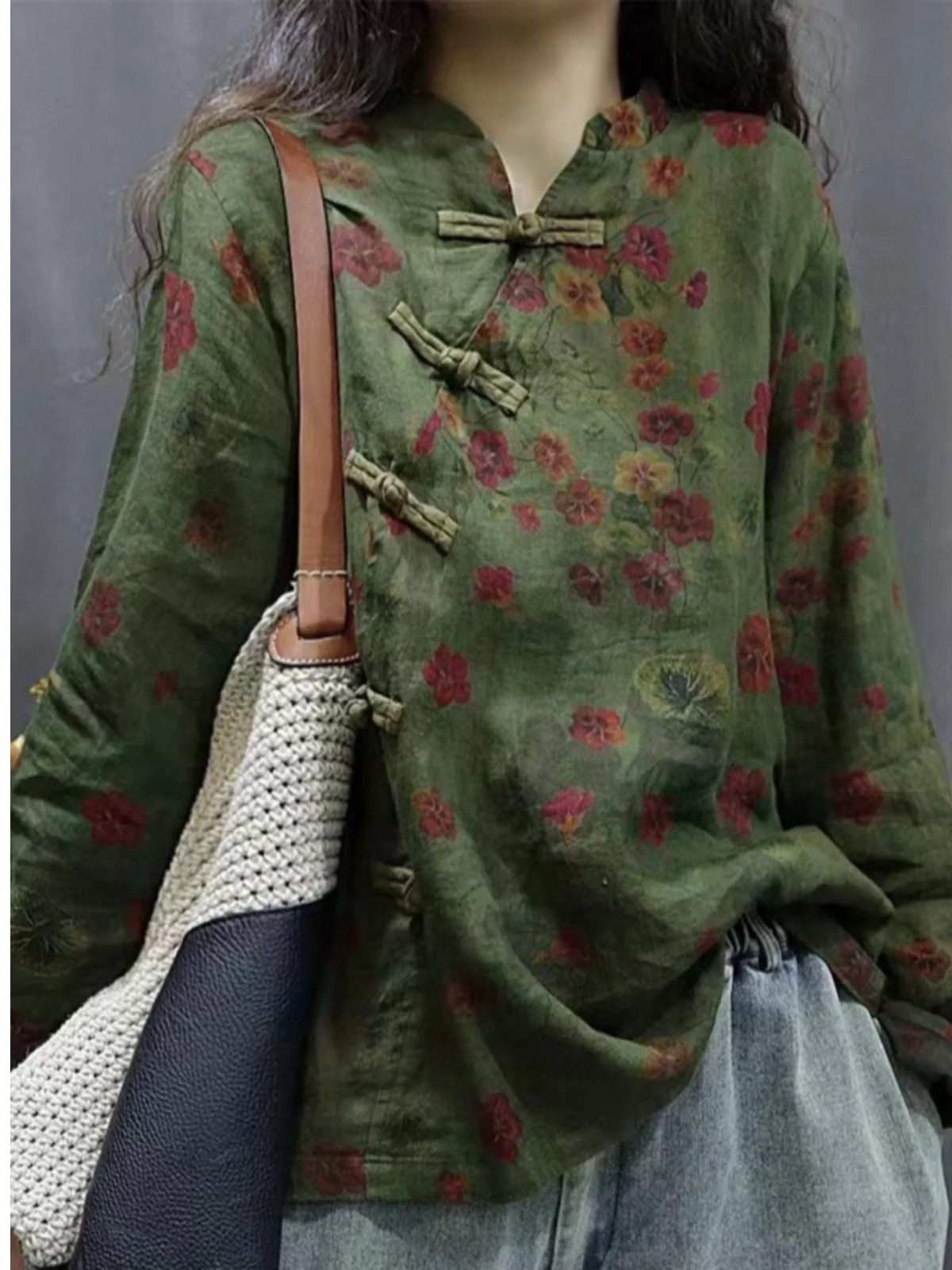 

Autumn Winter Linen Print Casual Jaet Loose Retro Zen Batwing Sve V Ne Button up Top Women's Faion Commute Sle