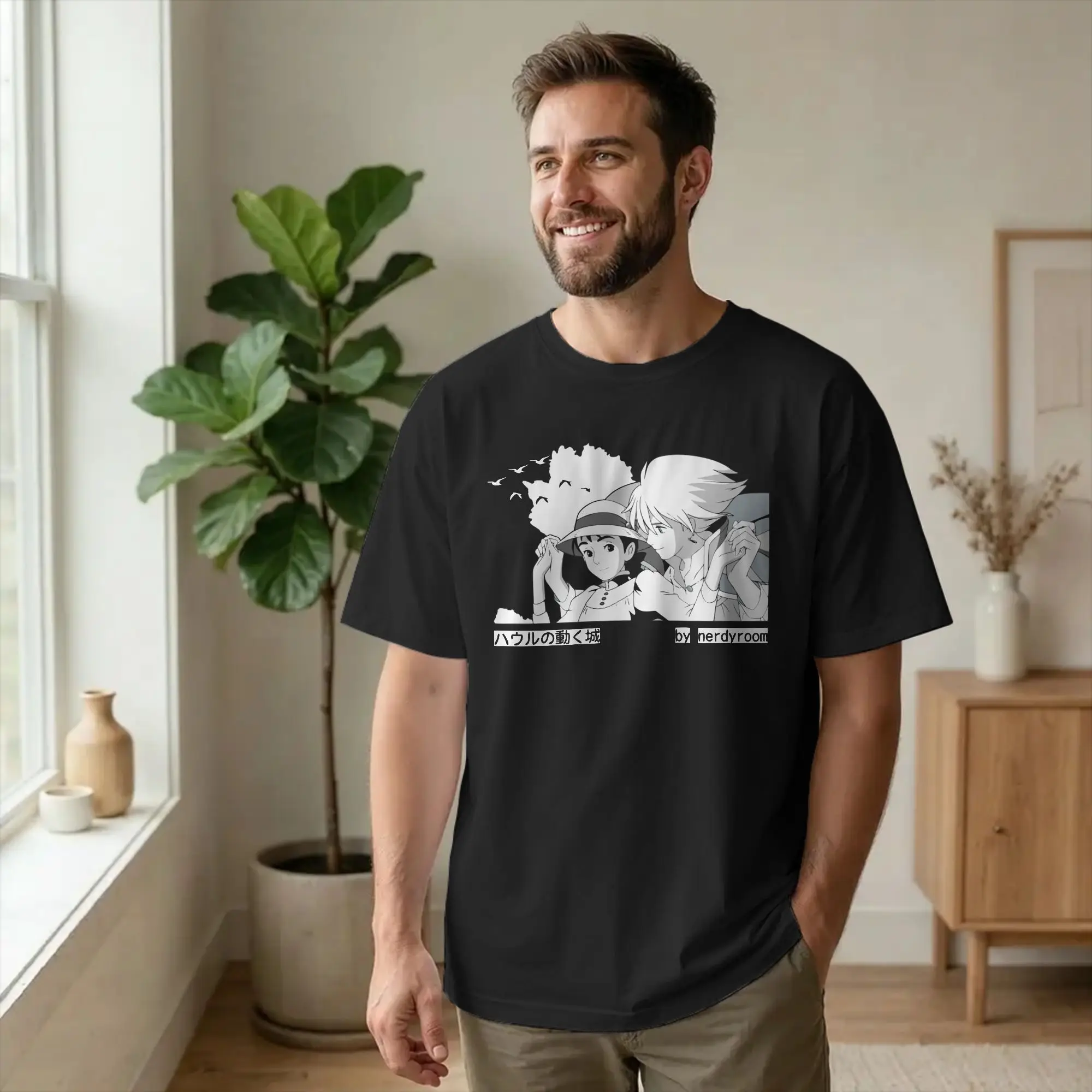 Harajuku Howl and Sophie Hayaos Miyazakis T Shirt Men's Round Neck Short Sleeve Top Tee Anime Cotton Summer Top Tee