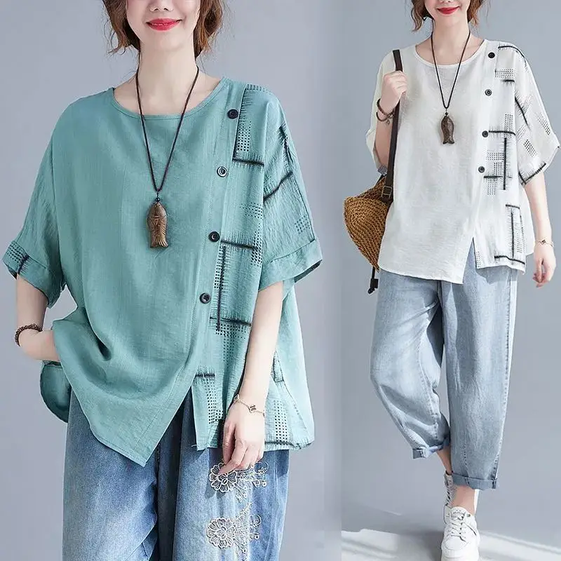 Summer New Cotton Linen Oversized Artistic Retro Women\'s Clothing Loose Slimming Covering Flesh Short Sleeved T-shirt for Women