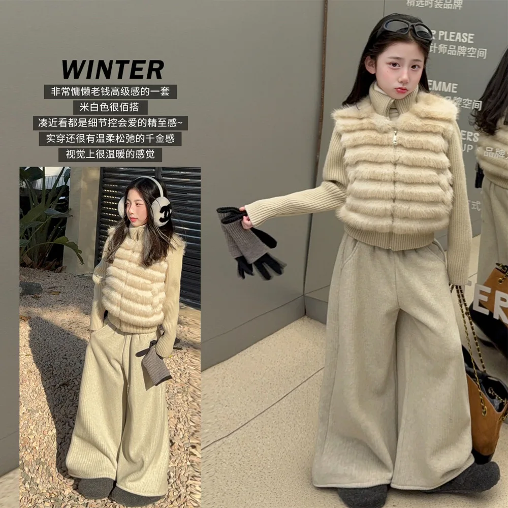 

Girls' Faux-Fur Jacket with Knit Sleeves - Mock Two-Piece Look, Stylish Winter Coat for Big Kids Aged 7-14