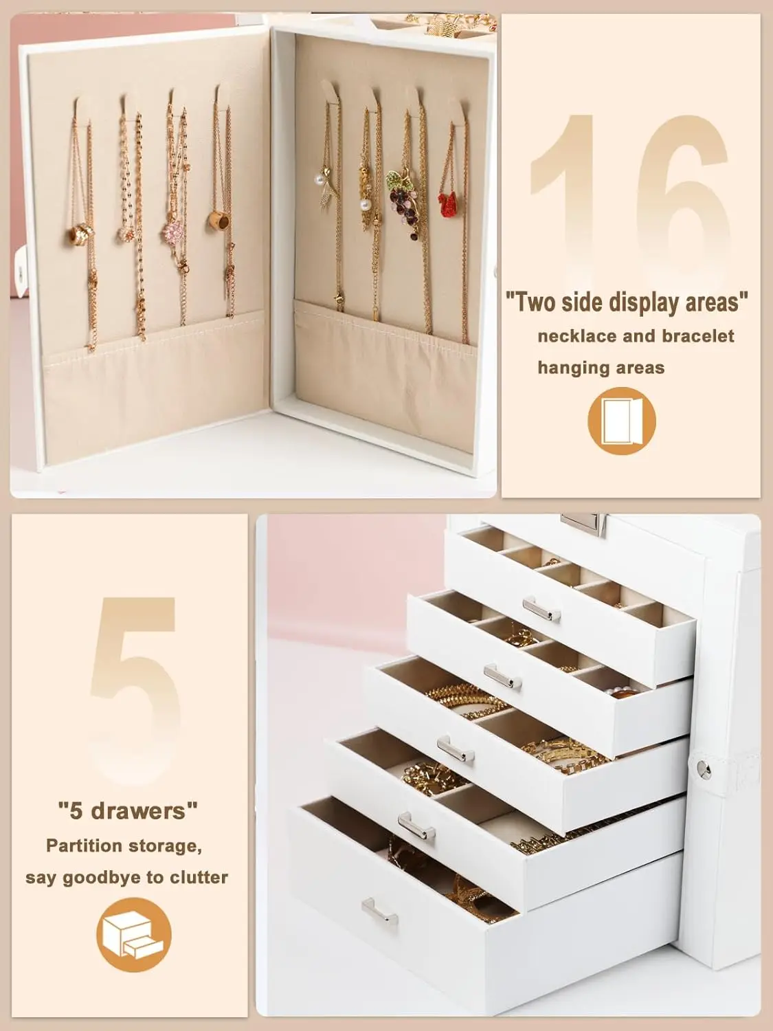 6-Layer Large Jewelry Organizer with Mirror and Lock, Multi-Function Storage Box for Earrings Necklace Bracelet