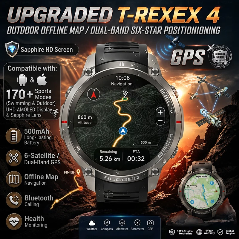 Nouvelle montre connectée robuste militaire avec GPS et cartes hors ligne, navigation extérieure, suivi sportif, boussole, étanche 5 ATM, pour la natation et la plongée, pour hommes