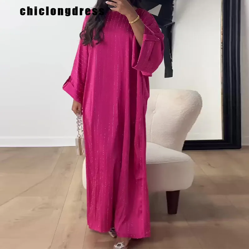 Autumn Casual Loose Diamond Robe Dress Muslim Women Elegant Round Neck Flared Sleeve Long Dress Women