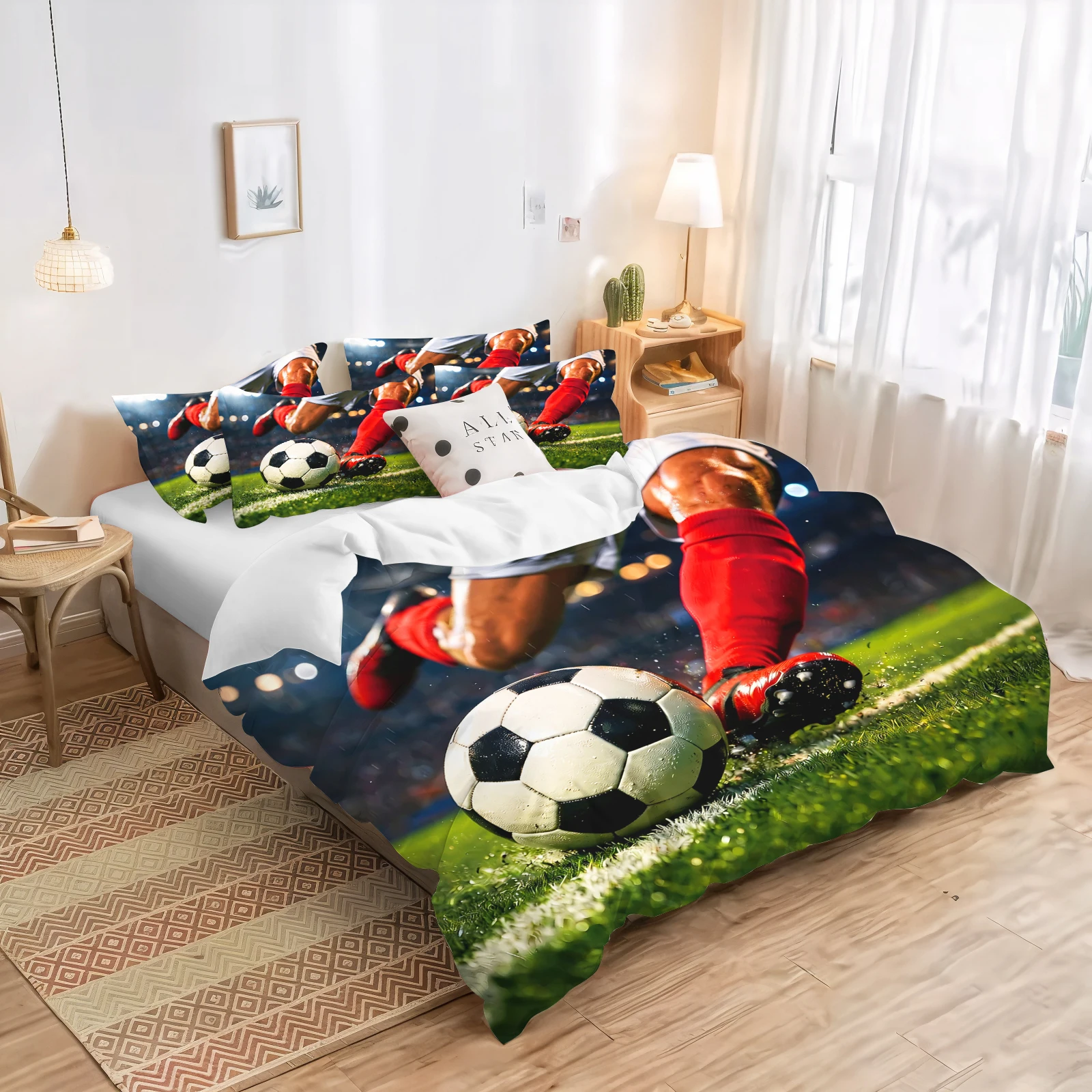2/3pcs Football Printed Coreless Down Duvet Cover Set, Multi Size Bedroom Bedding Decoration, Machine Washable