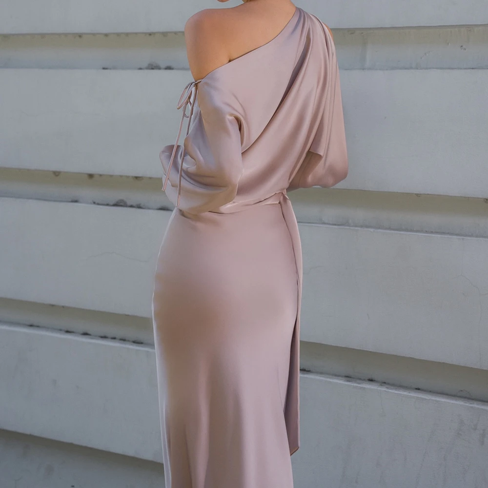 Celebrity Gowns Temperament Satin One Shoulder Straight Special Occasion Gowns Delicate Photo Color Side Slit Saudi Arabia 2024