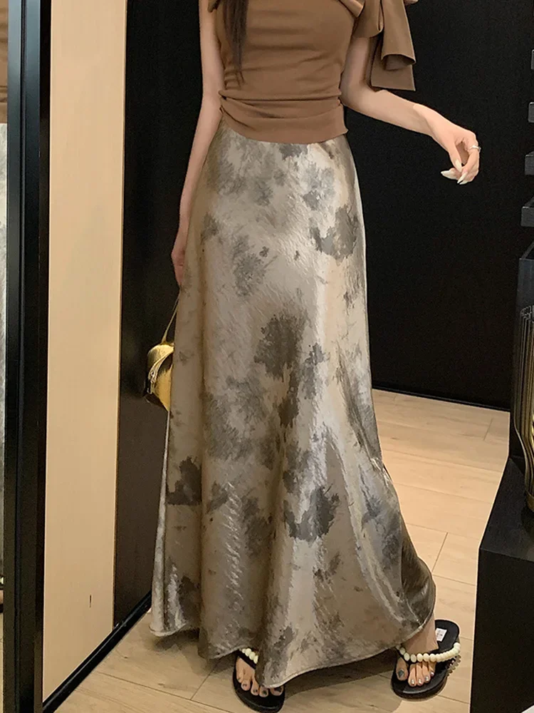 Zoki ريترو التعادل صبغ الساتان التنانير الطويلة المرأة أنيقة الكورية خمر سليم البوق تنورة الصيف عادية حلوة مريحة تنورة طويلة #6