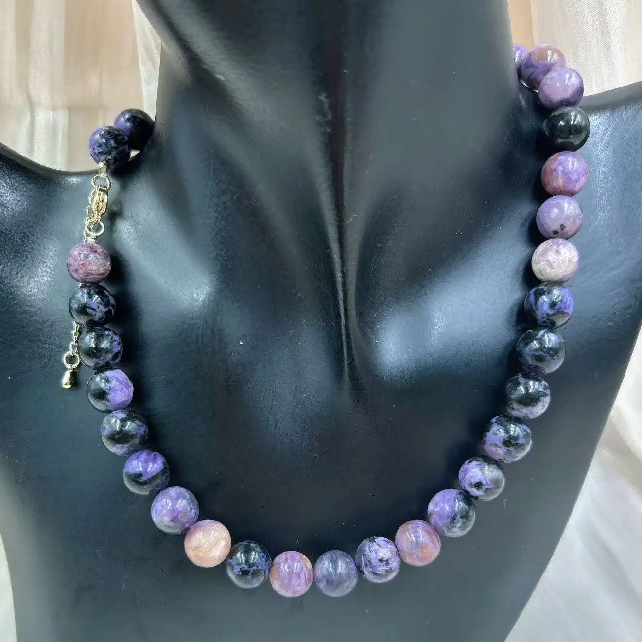 10mm Fashion Jewelry Gift Natural Gems Round Charoite Purple Stone Healing Energy Lucky Necklace 17-20inch