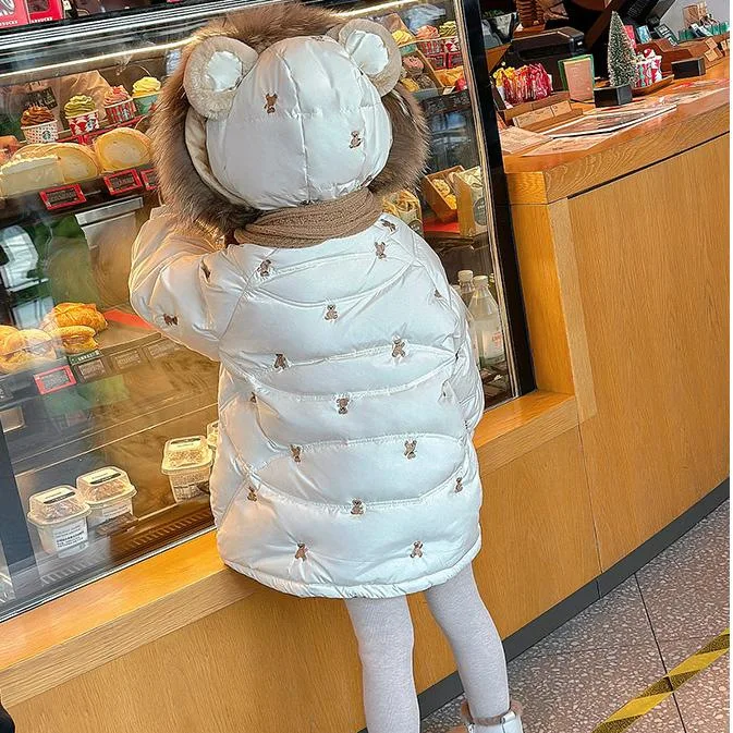 2024 Winter Girls Fashion Fur Hooded  Thick Warm Embroidery Bear Parkas Kids Casual Coat Outerwear 100-150cm