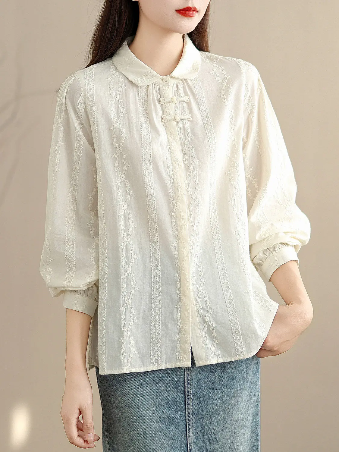 

New Chinese Sle Long Sve Embroidered Casual irt Women's Slimming Artistic Spring Faion Ladies' Premium Quali Top