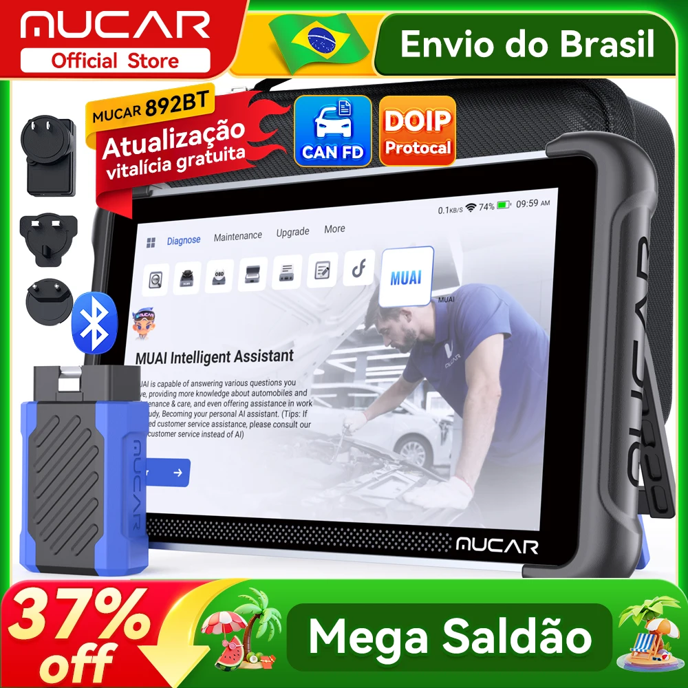 MUCAR 892BT Ferramenta de Diagnóstico Automotivo OBD2 com Função IA, 35 Funções de Redefinição, Codificação de ECU, Bidirecional, Diagnóstico Completo de Sistema Vitalício Gratuito, 35 Funções de Redefinição