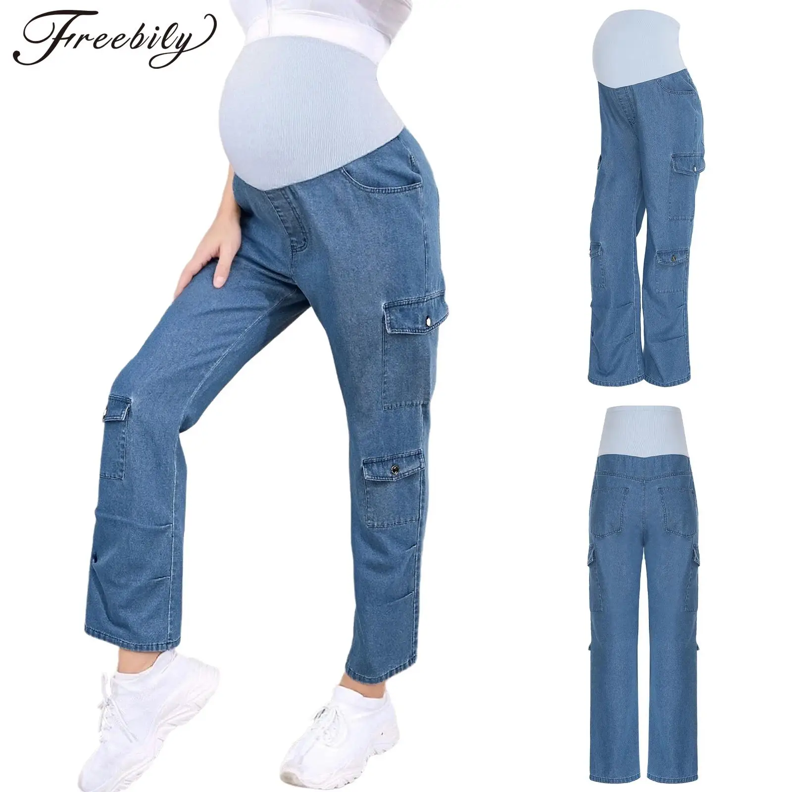 

Женские джинсы-карго для беременных, модные повседневные удобные эластичные прямые джинсовые брюки с карманами на животе, брюки для беременных