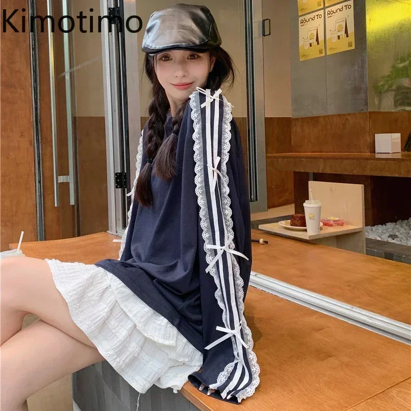 Kimotimo Lace Striped Bow Long Sleeve Design T-shirt Women Korean Style Casual Loose Mid Length Tops Summer Sweet Fashion Tees