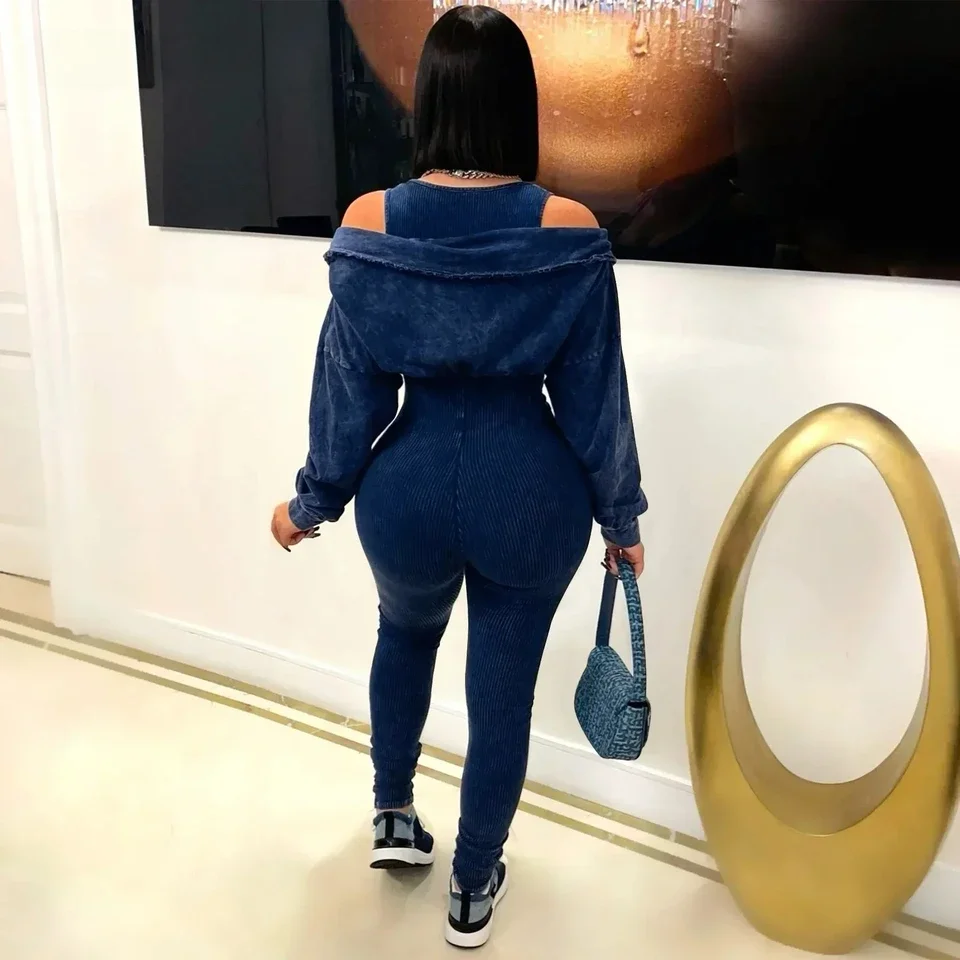 ファッション女性ニットリブ編み長袖モトバイカージャンプスーツストラップ秋ウォッシュドストリートウェアスリムワンピーススーツロンパース