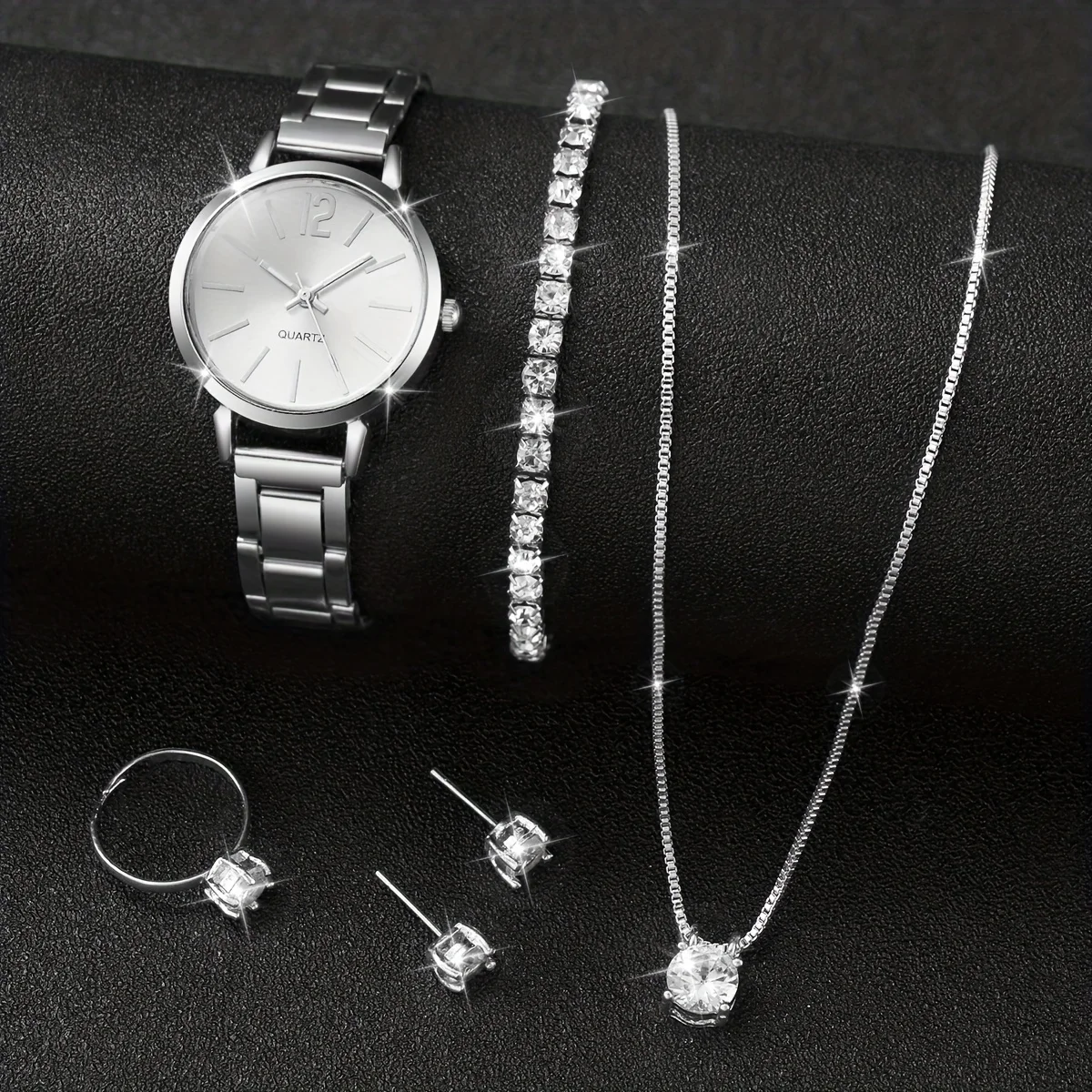 Fashion Ladies Watch Jewelry 5‑in‑1 Set Rhinestone Necklace Bracelet Ring Earring Quartz Wrist Watch for Women Gift