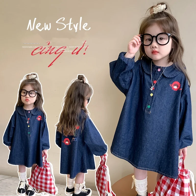 

Baby Girls Dress Kids Long Sleeve Denim Dresses Princess Autumn Dress Girls Petal Collar+Colorful Button Dresses Child Age 2-9Y