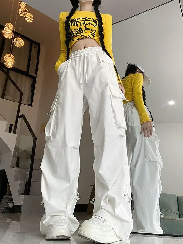 

HOUZHOU White Cargo Parachute Pants Y2k Baggy Kpop Pleated Trousers Hip Hop Style Oversized Korean Streetwear Wide Leg Joggers