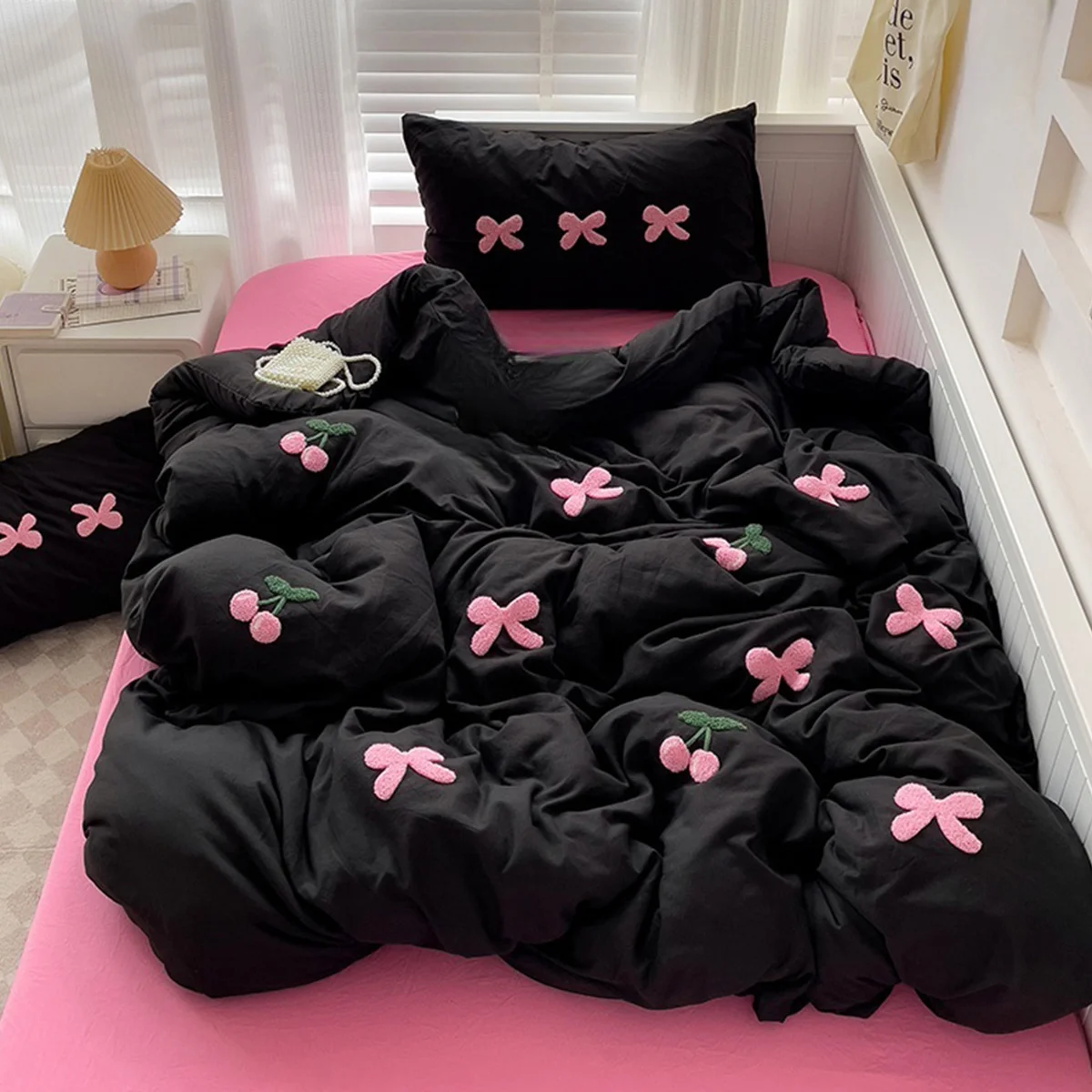 Pink Bow Cherry Embroidery Black Duvet Cover Set 3 Pieces Soft Warm Cozy Bedding Set with Zipper Closure for Women Girls Bedroom