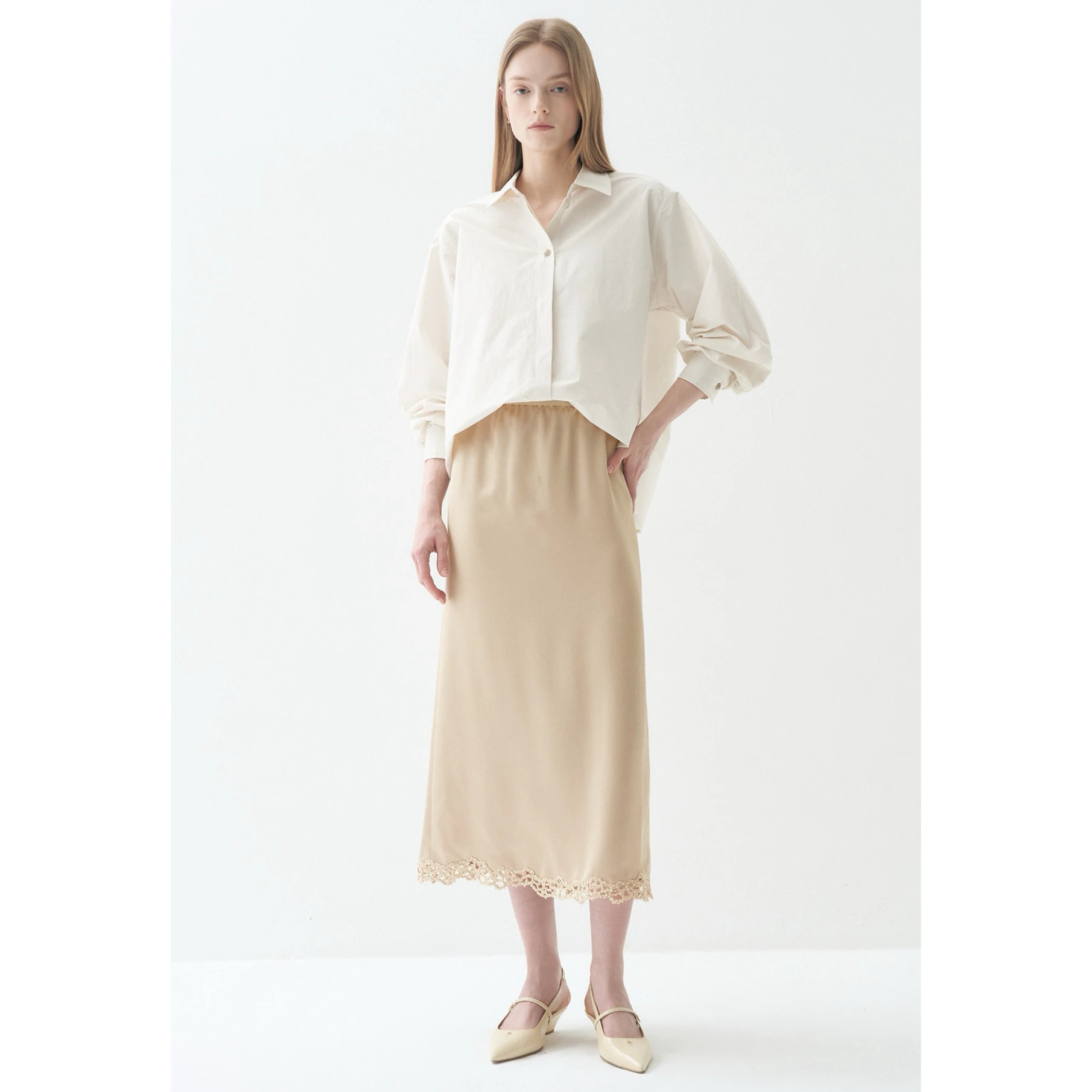 

Elegant Long Straight Tube Skirt Anti-Wrinkle Fashionable Splice Elastic Waist Hollow out Design Commute Style Silk Satin