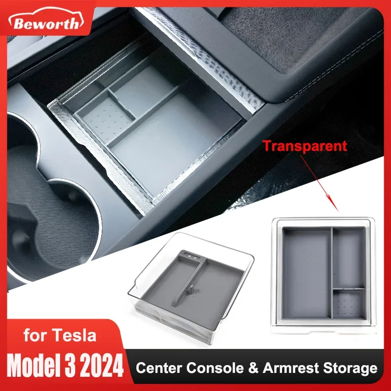 For Tesla Model 3+ Highland 2024 Center Console Storage Box Armrest Organizer Transparent Smooth Slide New Model3 Accessories