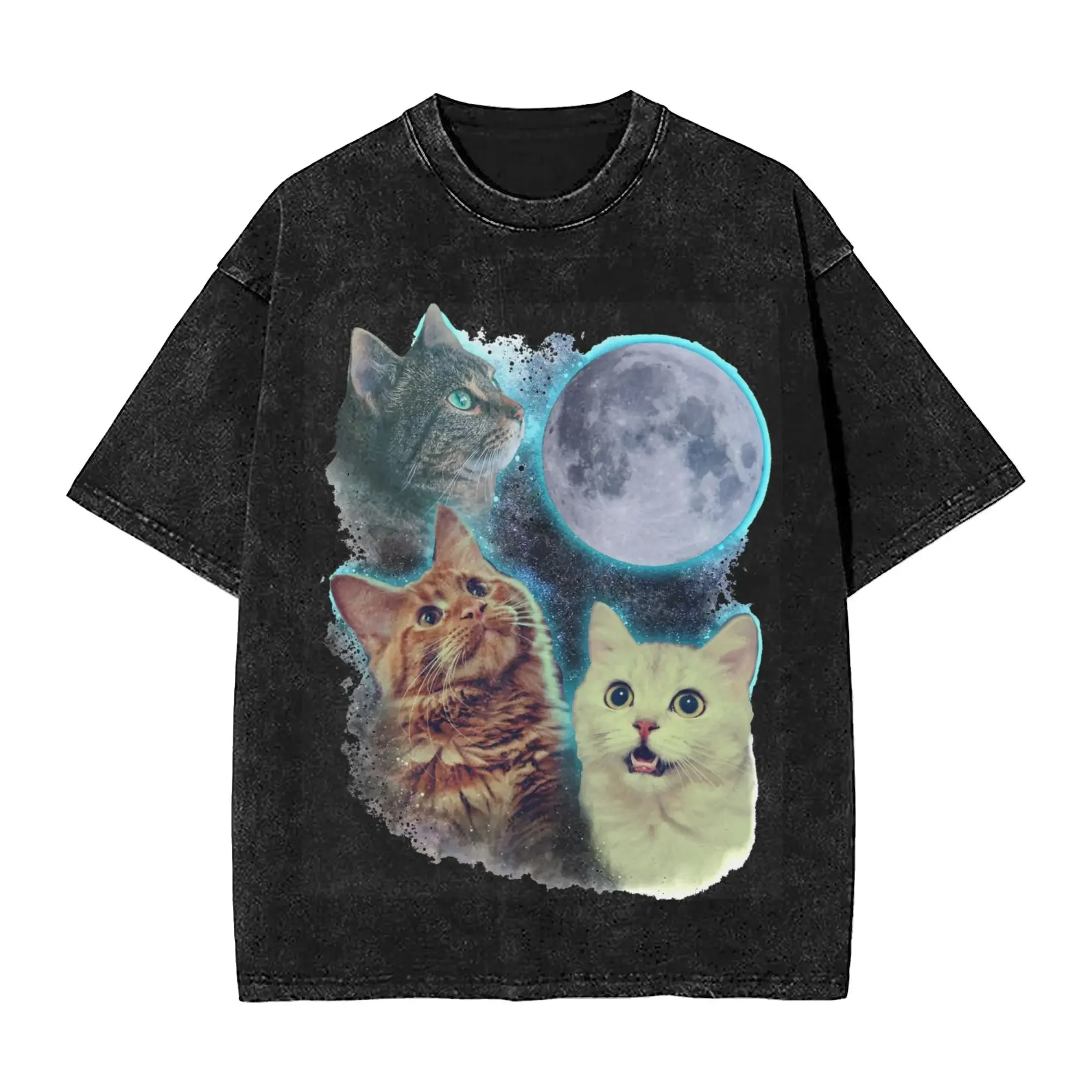 Oversize Three Cats Moon Parody Apparel T-Shirts for Men Women Humor Cat Meme Cotton Washed Tee Shirts Clothes