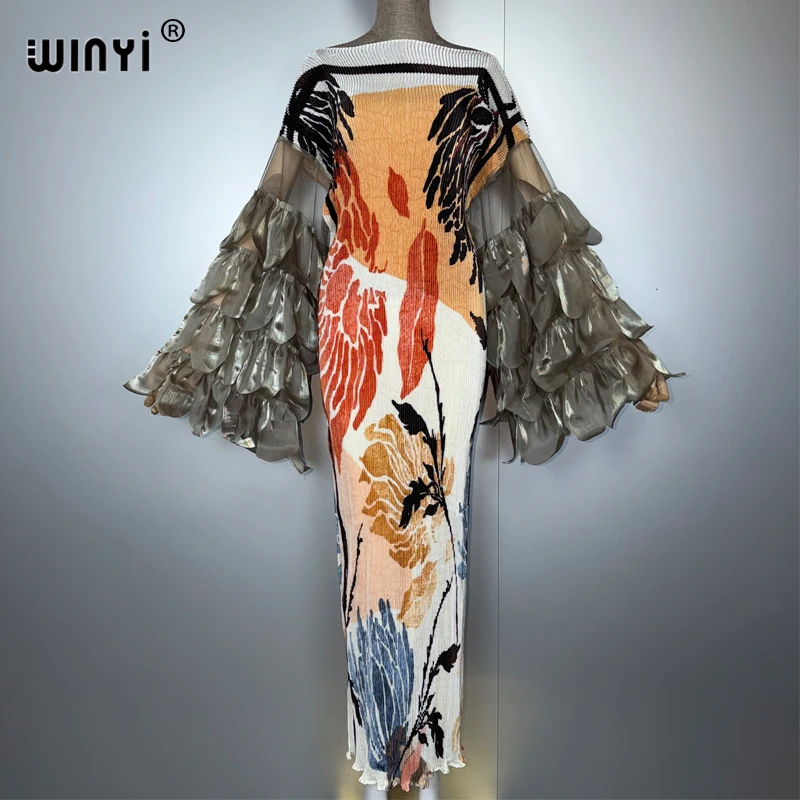 Winyi elástico fino vestido plissado praia cobrir boho kaftan abaya dubai vestido de festa de luxo longo para baixo mulher muçulmana vestido de noite