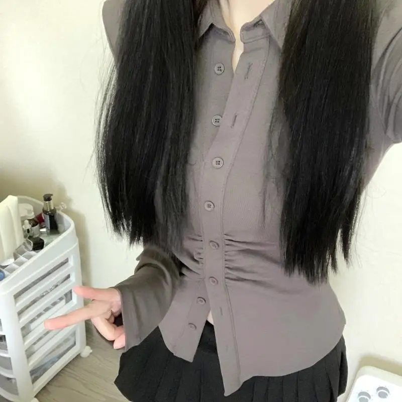 

Long Sleeve Shirts Womens Satin Slim Fit Button Down Turn Down Collar Feminine Sweet Preppy Youthful Korean Casual Wear