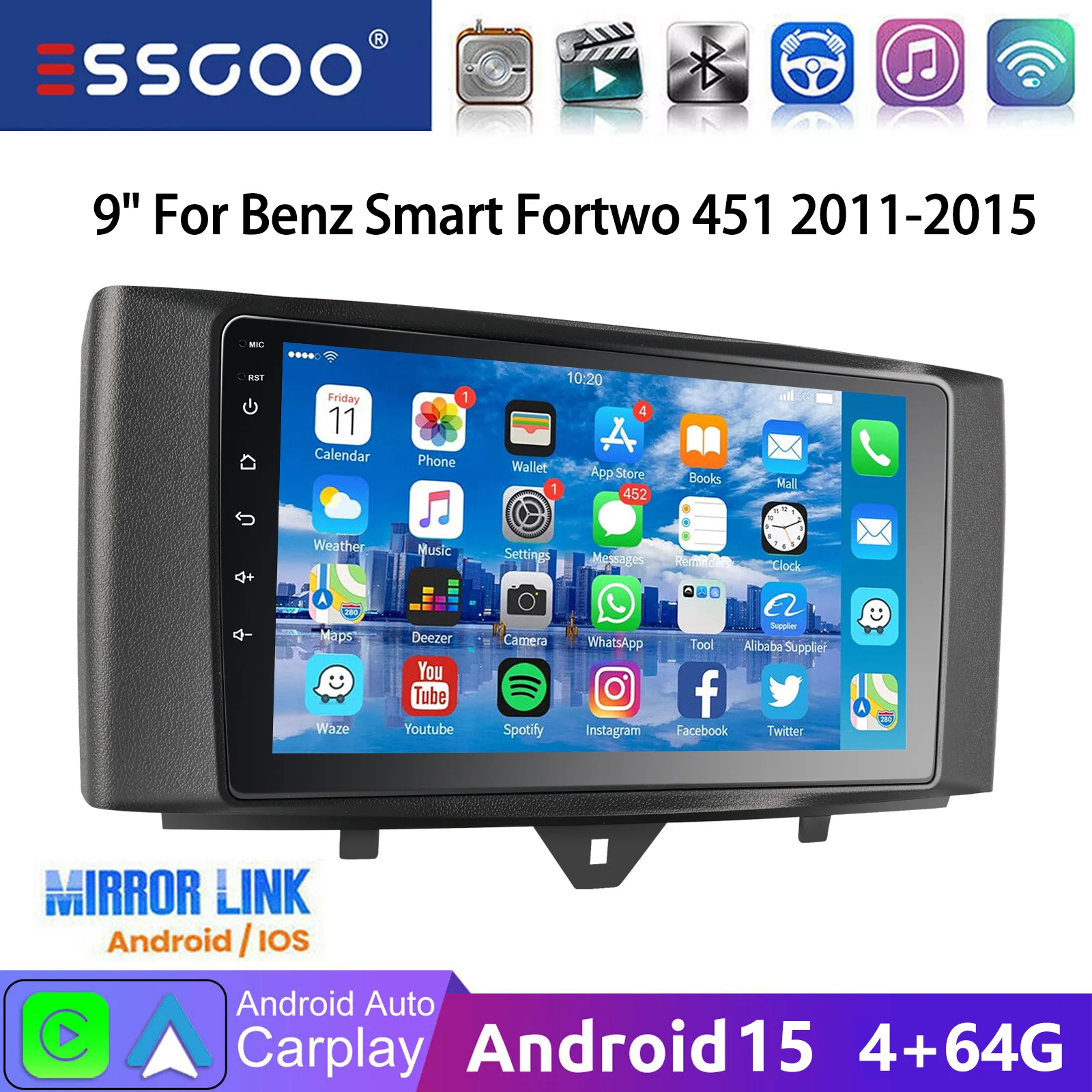 ESSGOO Autoradio Android 15 da 9” per Smart Fortwo 451 2010-2015 con Carplay, Android Auto, GPS, NAV, WIFI, SWC, BT, FM, RDS, Lettore Multimediale
