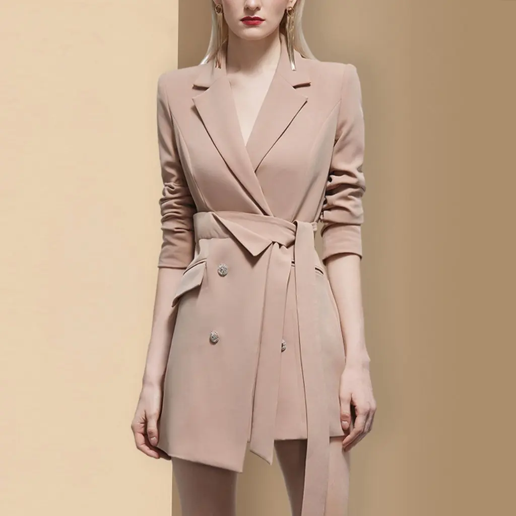 

Ladies Elegant Double-breasted Suit Jacket Mid-length Autumn Winter New Design Irregular Waist for Women
