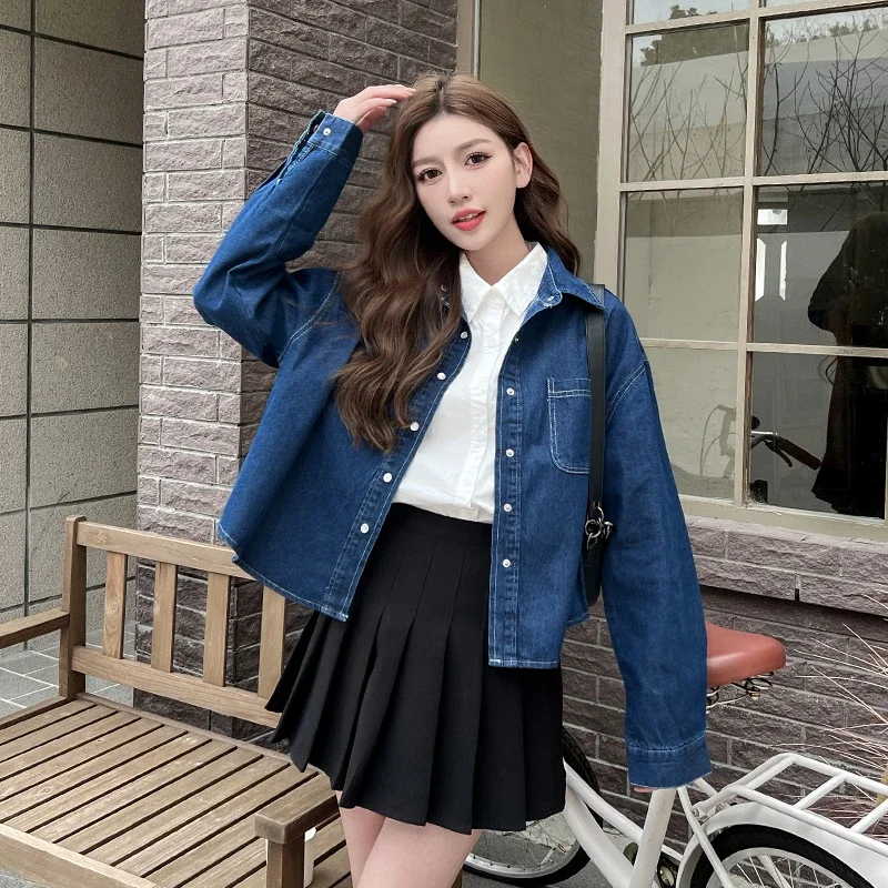 

Streetwear Cotton Denim Cropped Shirt Women 2023 New Spring Summer Loose Retro Short Jeans Shirt Blusa Feminina Dropshipping