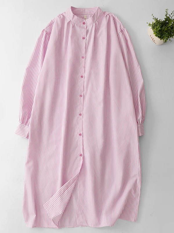 Pink Striped irt Dr Women's Faionable Loose Casual Long Sve Full Button A-Line Dr Autumn Season Ladies' Gown