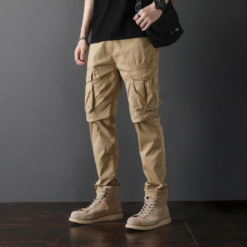 

Men's Overalls Spring and Summer Mid-waist Solid Trousers Cotton Micro-elastic Ordinary Youth Casual Pants Multi-pocket Pants