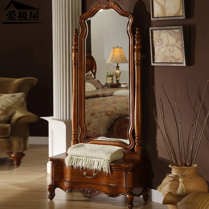 

European style dressing mirror, fitting mirror, solid wood full body floor mirror, dressing, square solid wood American style