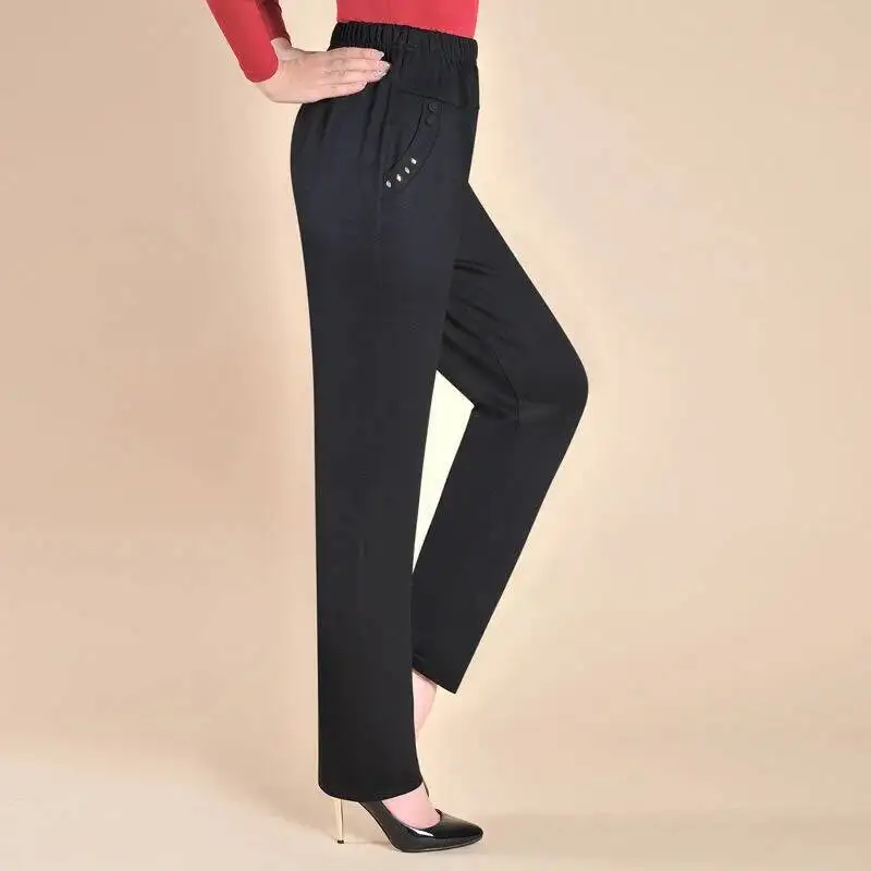 Middle-aged Women Pants Mother Casual Loose Straight Pants Summer 2025 New Solid Color Elastic High Waist Trousers