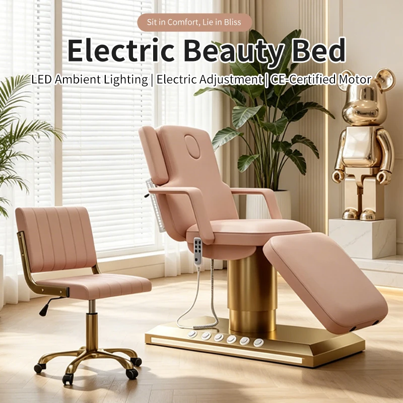 JUESHI Luxury Gold Base Electric Beauty Bed with Facial Breathing Hole PU Upholstery 3 Motor Adjustable Aesthetic Chair  Med Spa