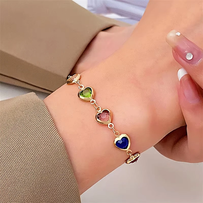 FTCY Summer Vintage Heart Shape Crystal Bracelet For Women Gold Color Chain Birthday Party Jewelry Gift For Women Girl